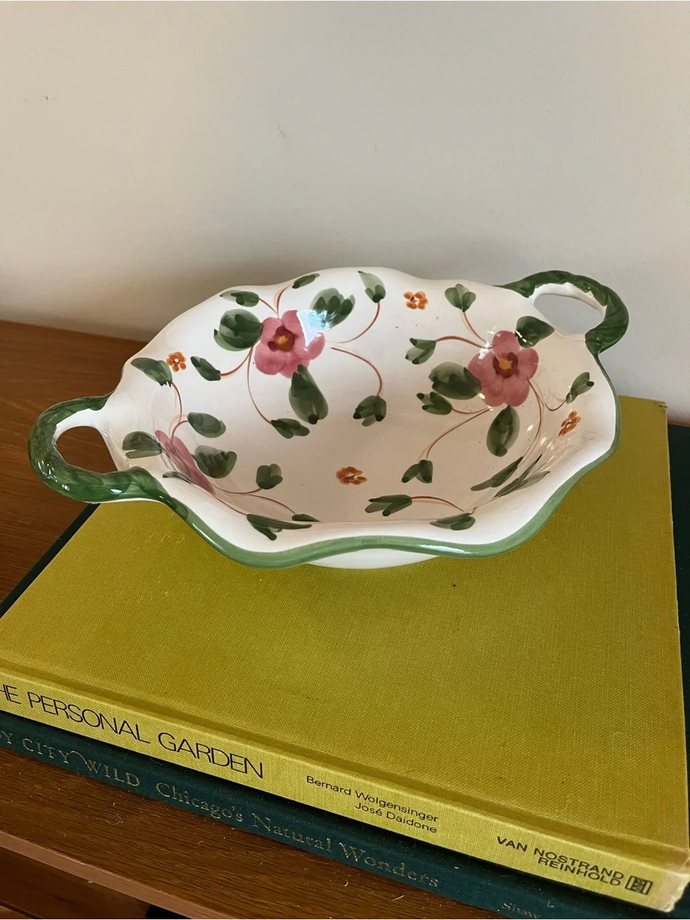 Hand-Painted Floral Ceramic Serving Bowl - Pink & Green